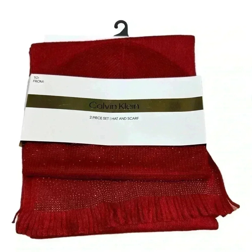 Calvin Klein Red with Rhinestones 2 Piece Set / Hat and Scarf